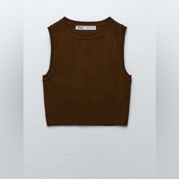 Women’s ZARA Knit Chocolate Brown Sleeveless crop Top size small - Picture 2 of 10